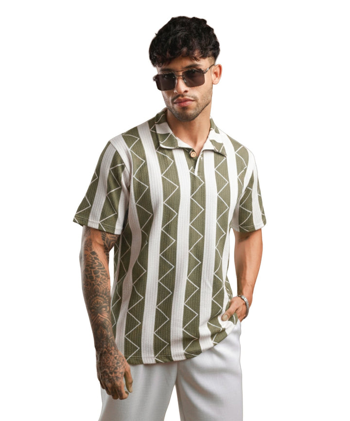 Mens Casual Striped Polo T-Shirt | Olive Green