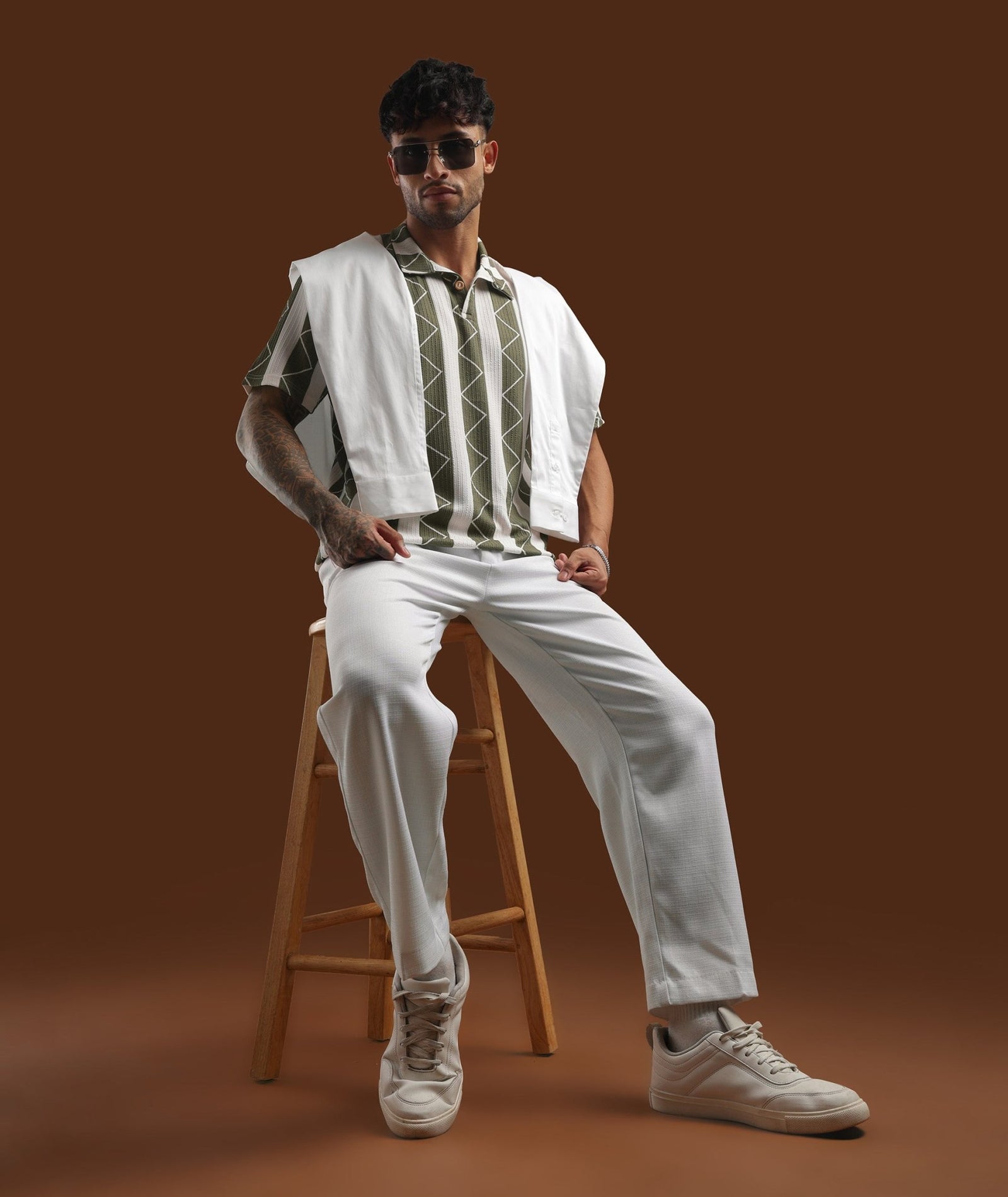 Mens Casual Striped Polo T-Shirt | Olive Green