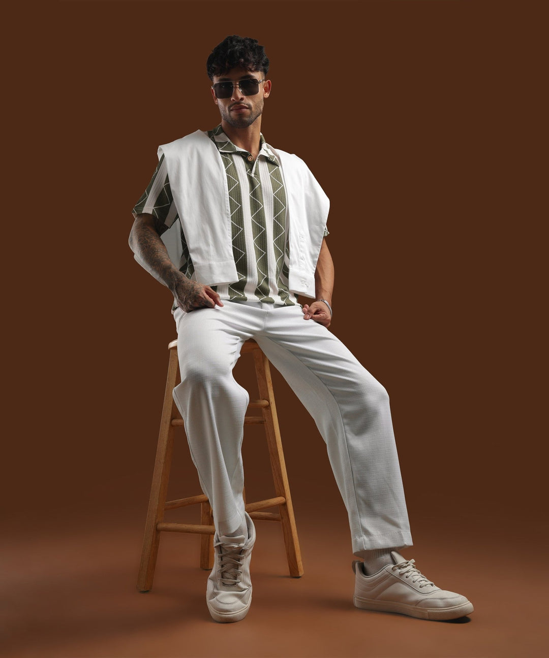 Mens Casual Striped Polo T-Shirt | Olive Green