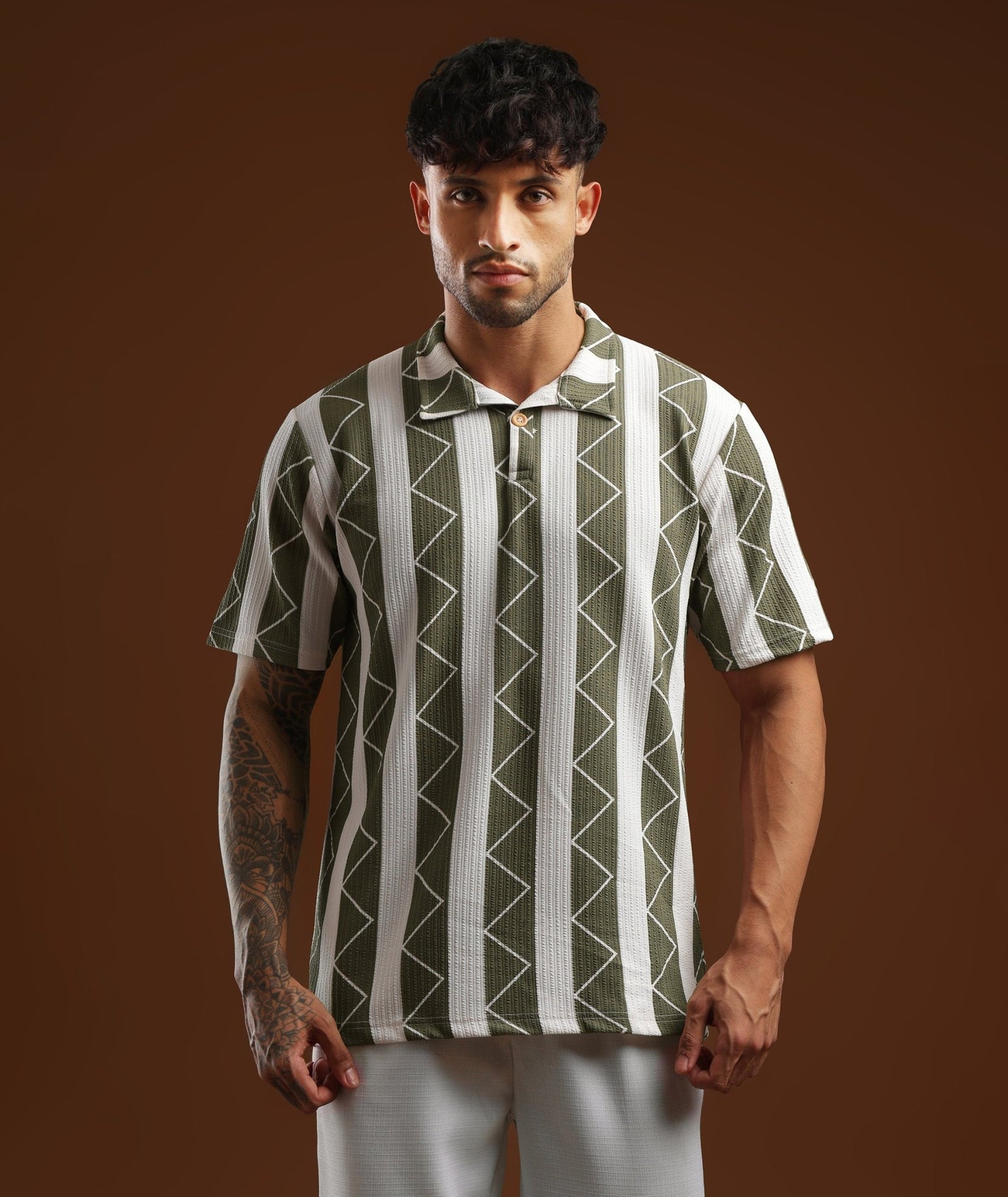 Mens Casual Striped Polo T-Shirt | Olive Green