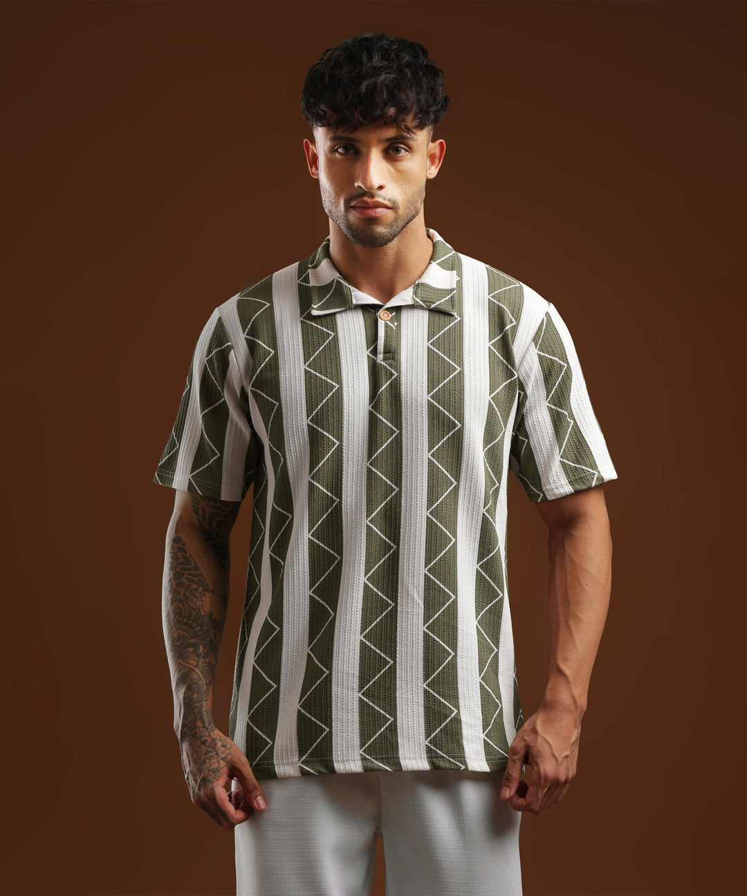 Mens Casual Striped Polo T-Shirt | Olive Green