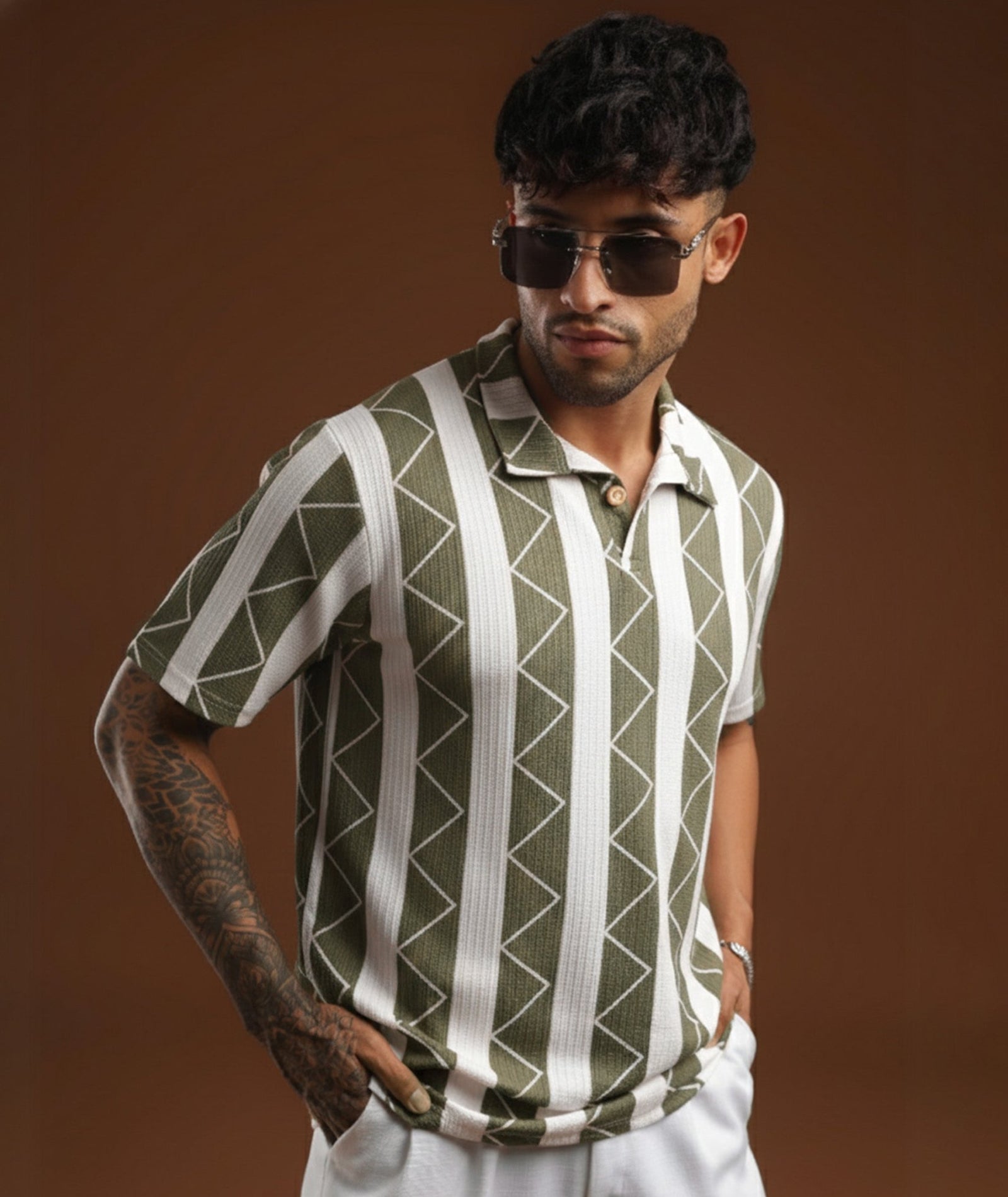 Mens Casual Striped Polo T-Shirt | Olive Green