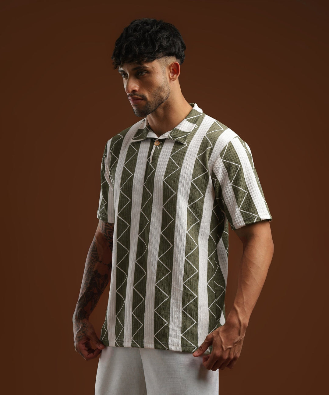 Mens Casual Striped Polo T-Shirt | Olive Green