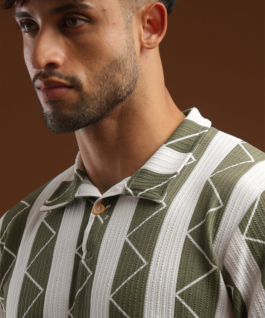 Mens Casual Striped Polo T-Shirt | Olive Green
