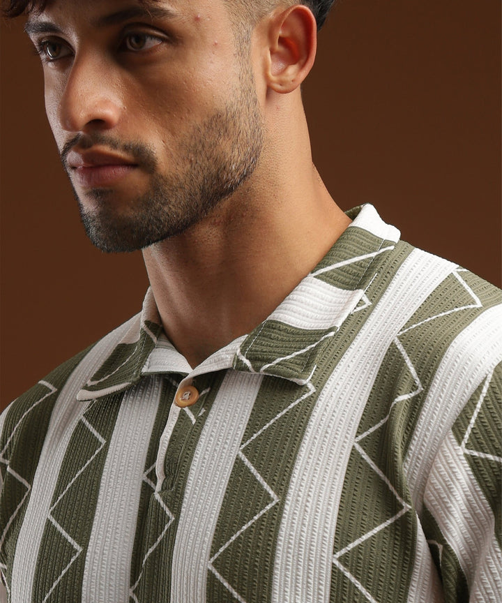 Mens Casual Striped Polo T-Shirt | Olive Green