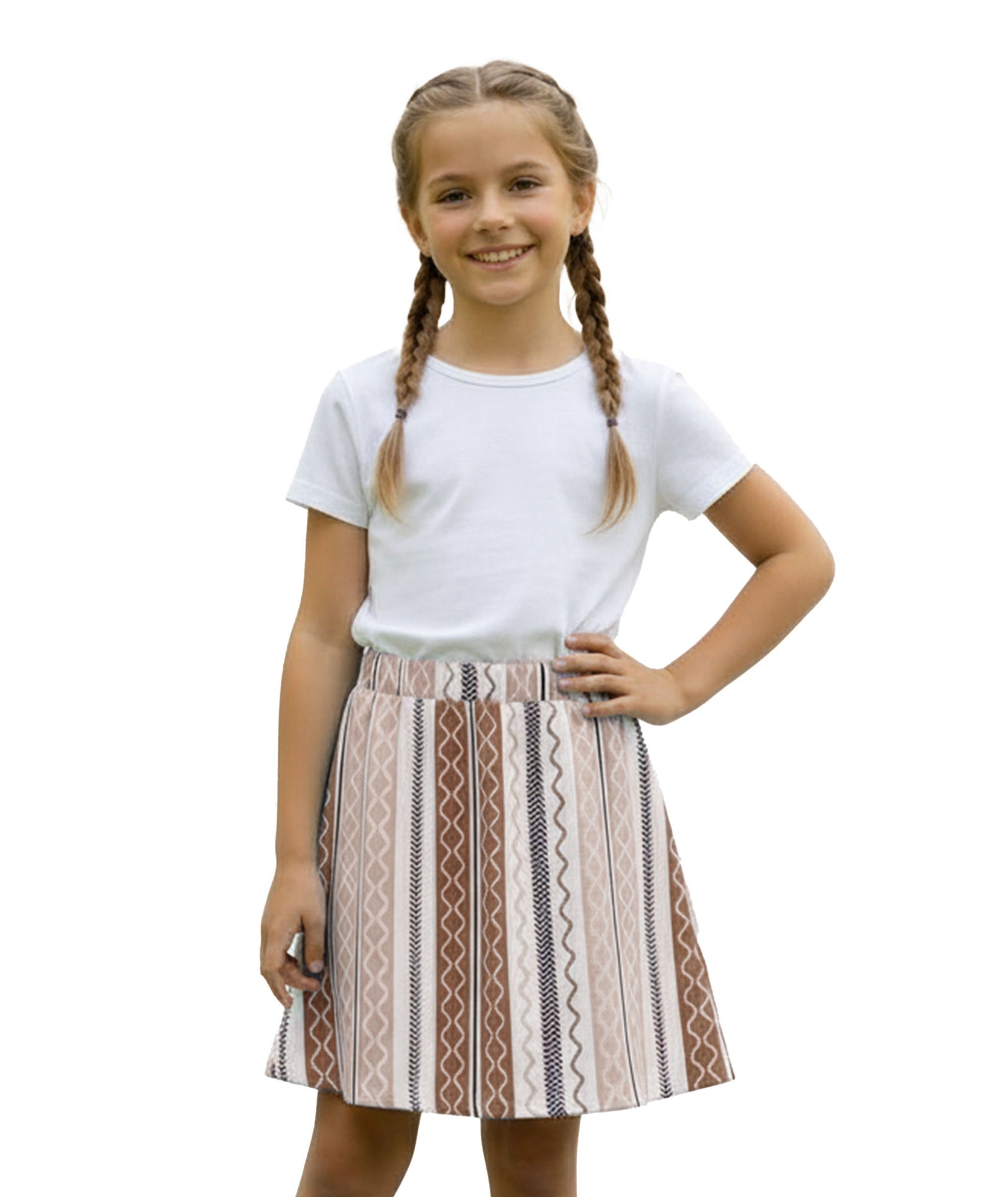 Girls Printed Skirt with Inner Shorts | Stretch Waist | Brown