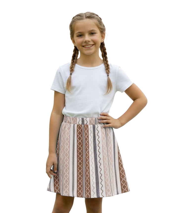 Girls Printed Skirt with Inner Shorts | Stretch Waist | Brown