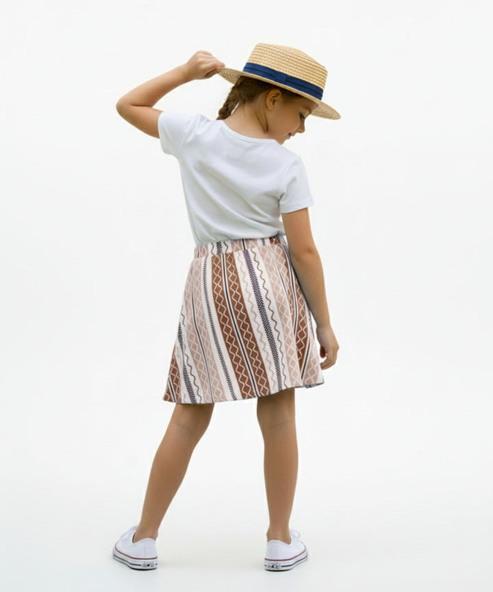Girls Printed Skirt with Inner Shorts | Stretch Waist | Brown