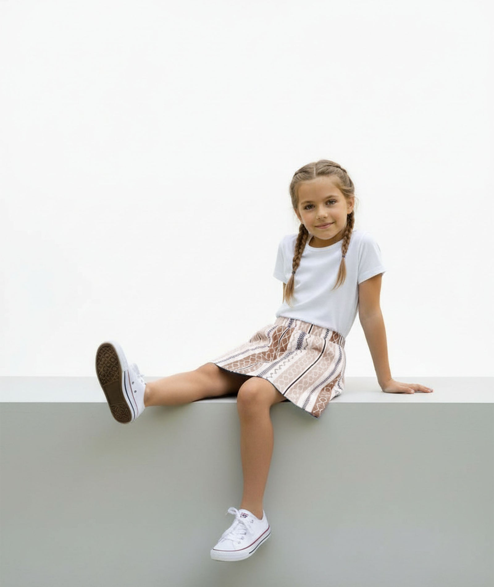 Girls Printed Skirt with Inner Shorts | Stretch Waist | Brown