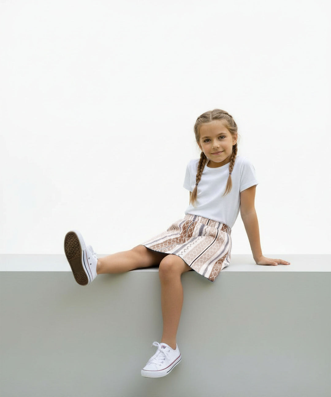 Girls Printed Skirt with Inner Shorts | Stretch Waist | Brown