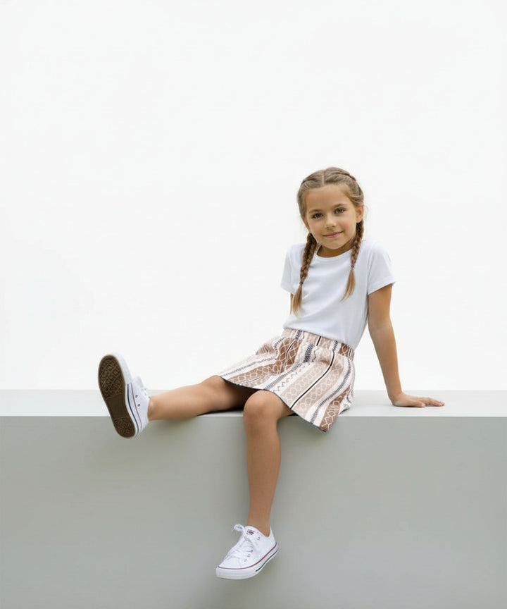 Girls Printed Skirt with Inner Shorts | Stretch Waist | Brown
