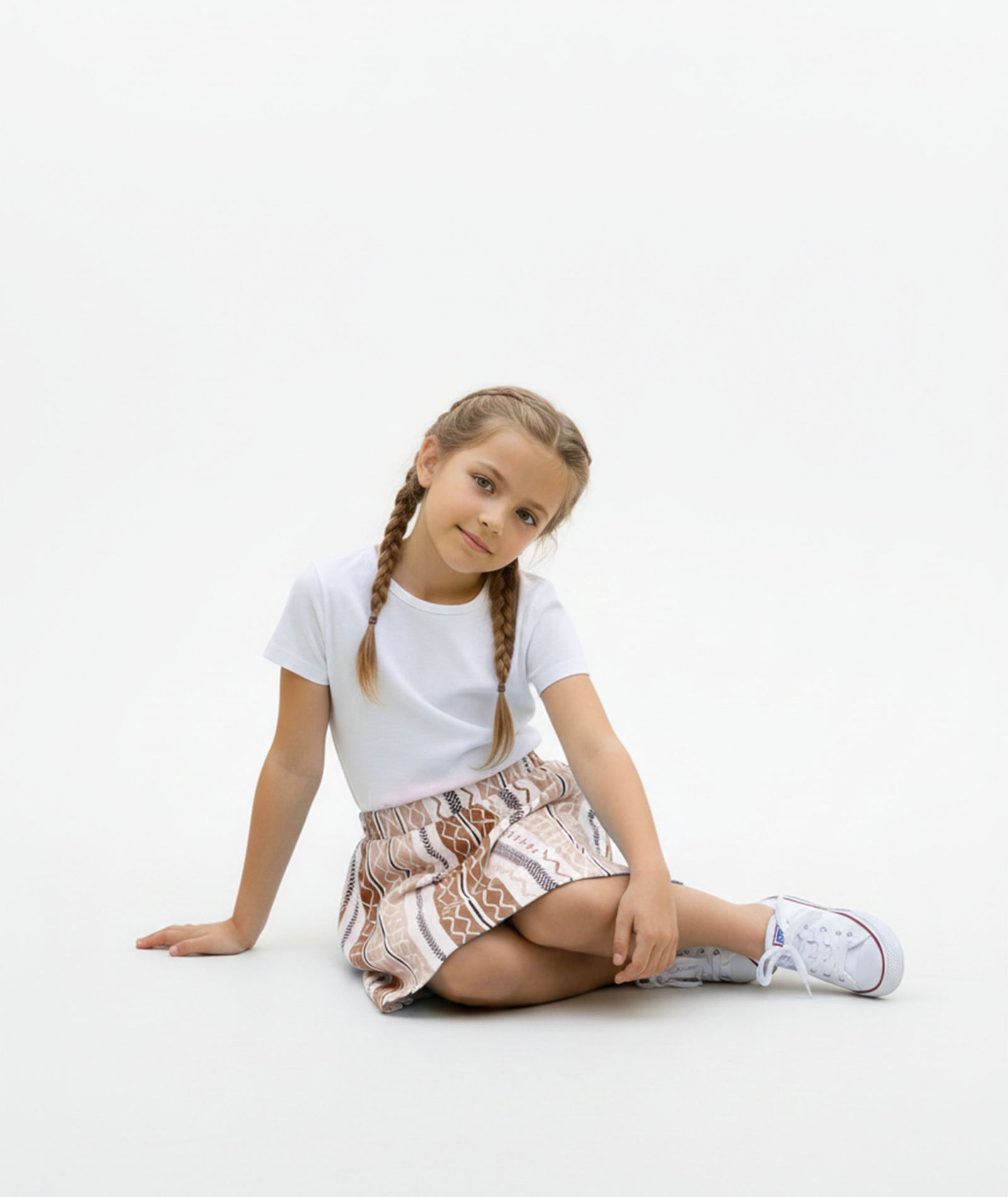 Girls Printed Skirt with Inner Shorts | Stretch Waist | Brown