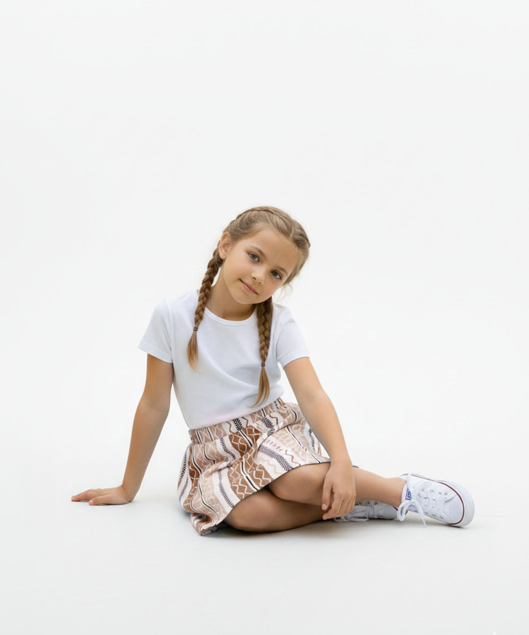 Girls Printed Skirt with Inner Shorts | Stretch Waist | Brown