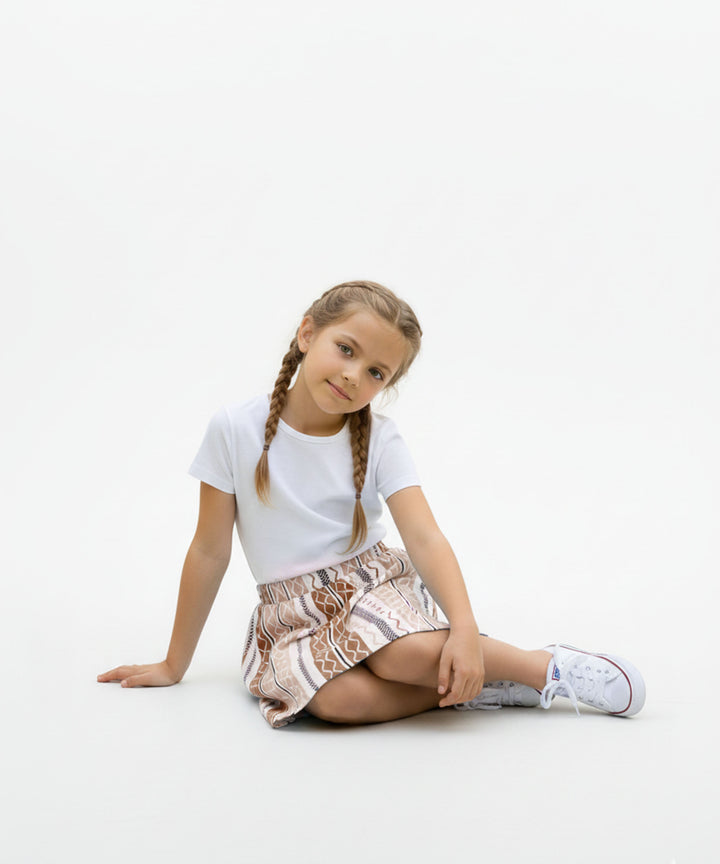 Girls Printed Skirt with Inner Shorts | Stretch Waist | Brown