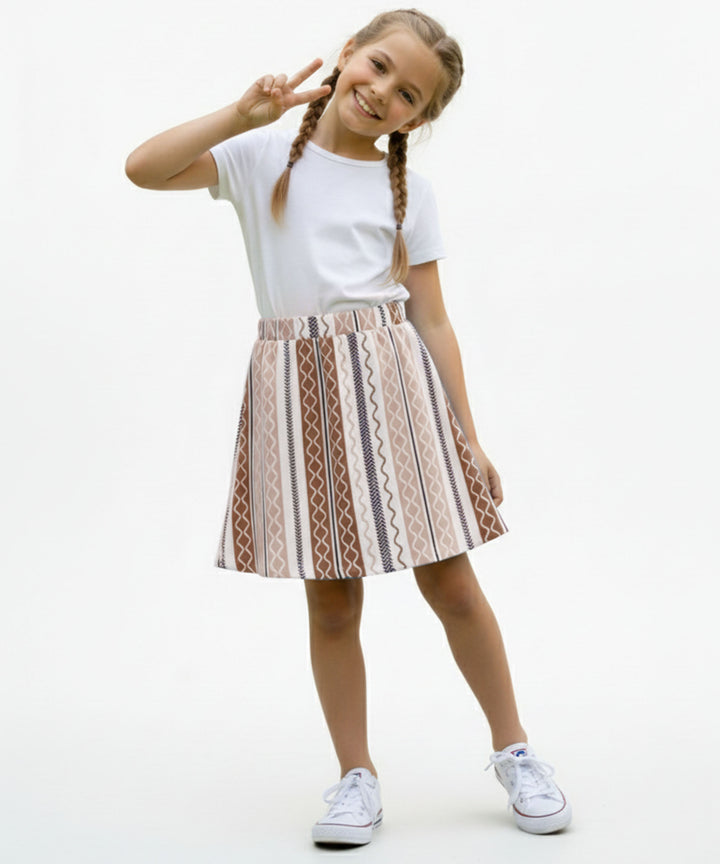 Girls Printed Skirt with Inner Shorts | Stretch Waist | Brown