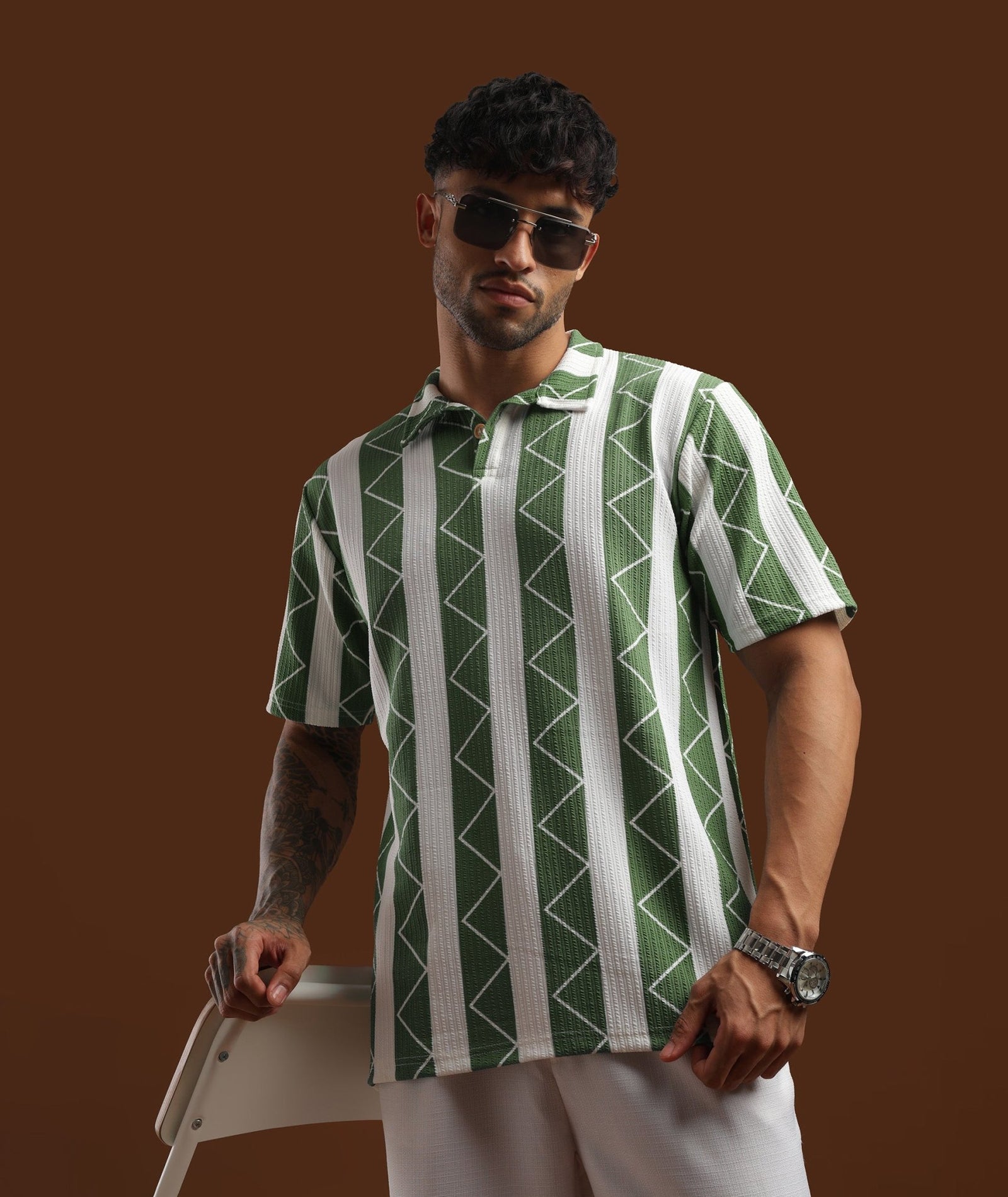 Mens Casual Striped Polo T-Shirt | Green