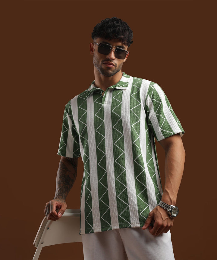 Mens Casual Striped Polo T-Shirt | Green