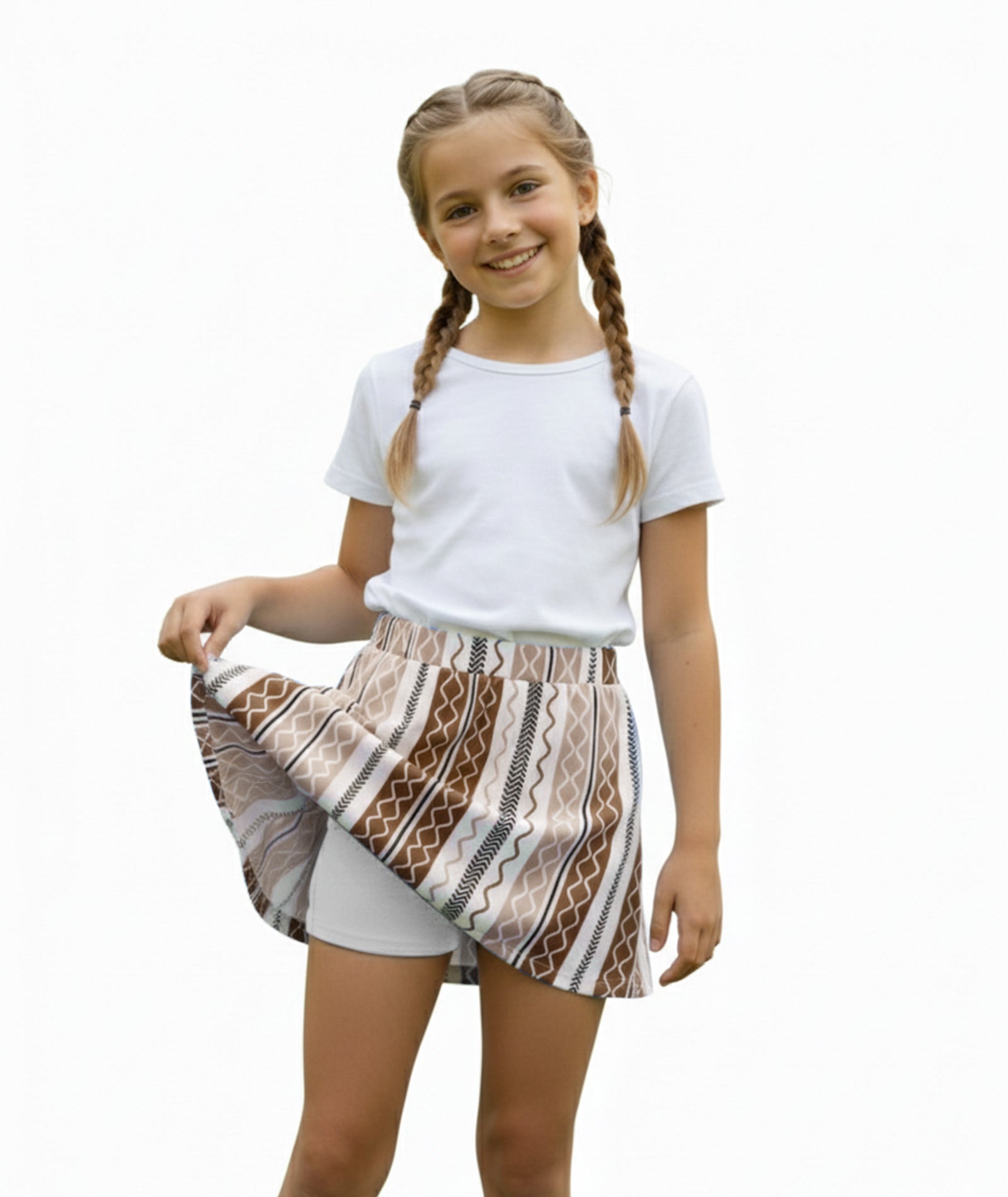 Girls Printed Skirt with Inner Shorts | Stretch Waist | Brown