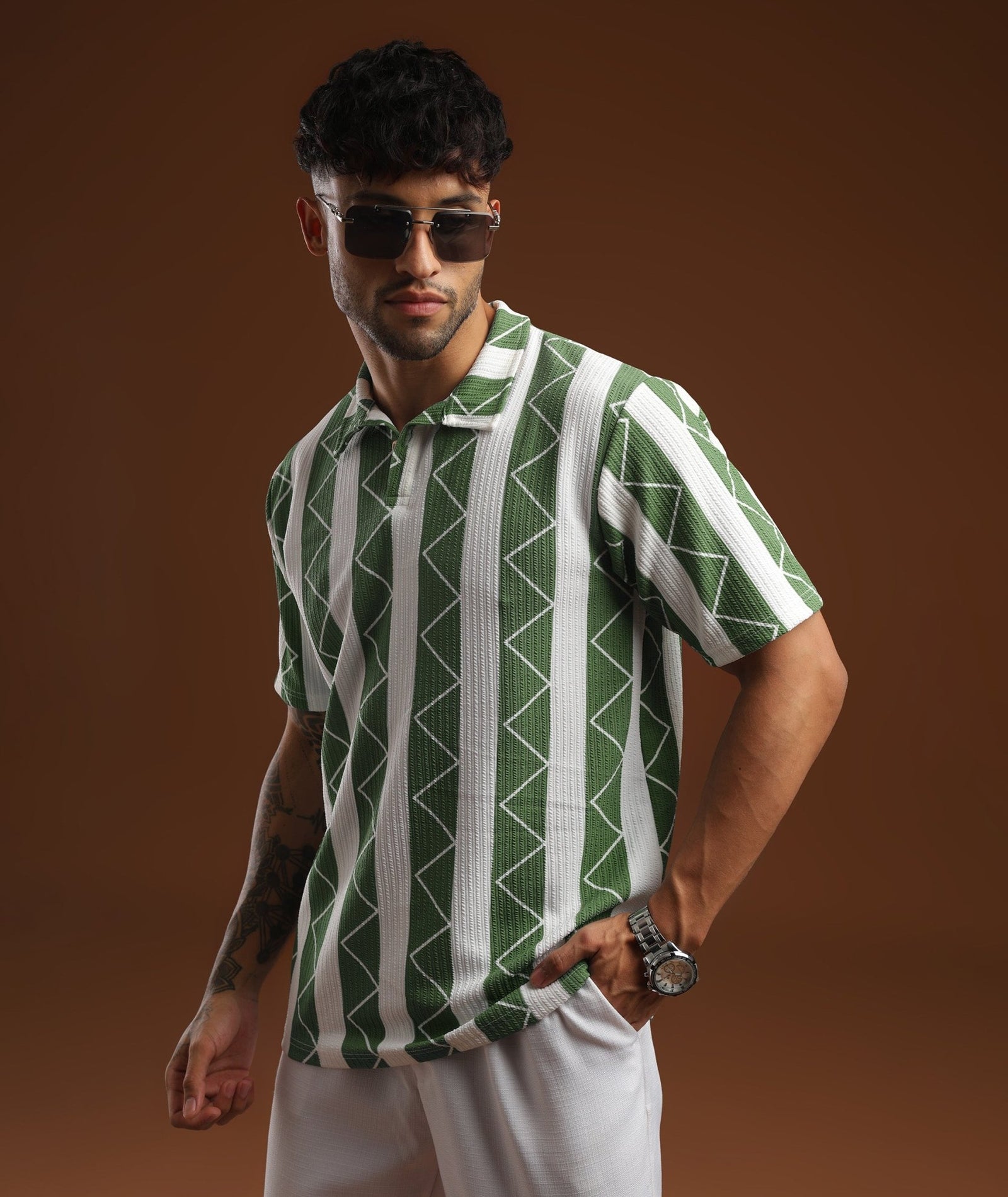 Mens Casual Striped Polo T-Shirt | Green