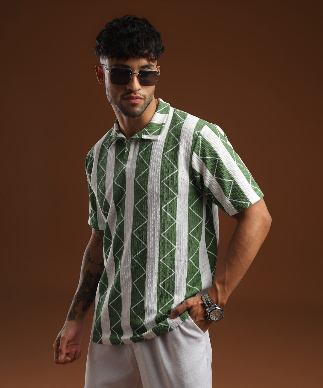 Mens Casual Striped Polo T-Shirt | Green
