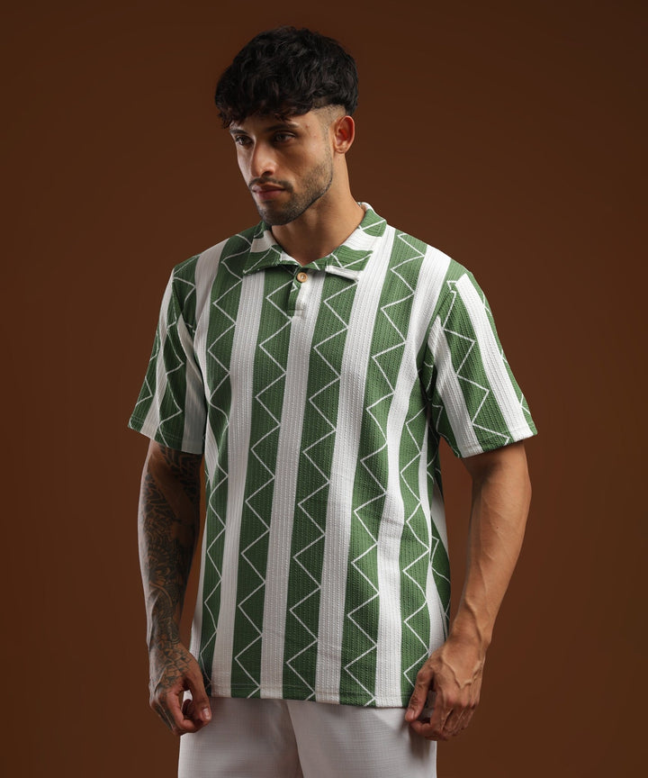 Mens Casual Striped Polo T-Shirt | Green