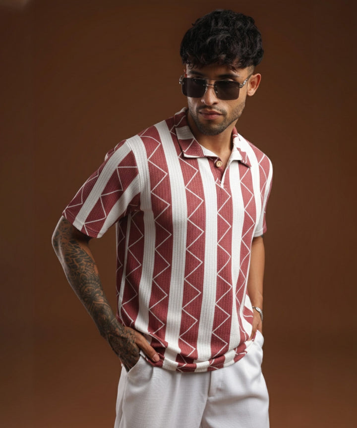 Mens Casual Striped Polo T-Shirt | Red
