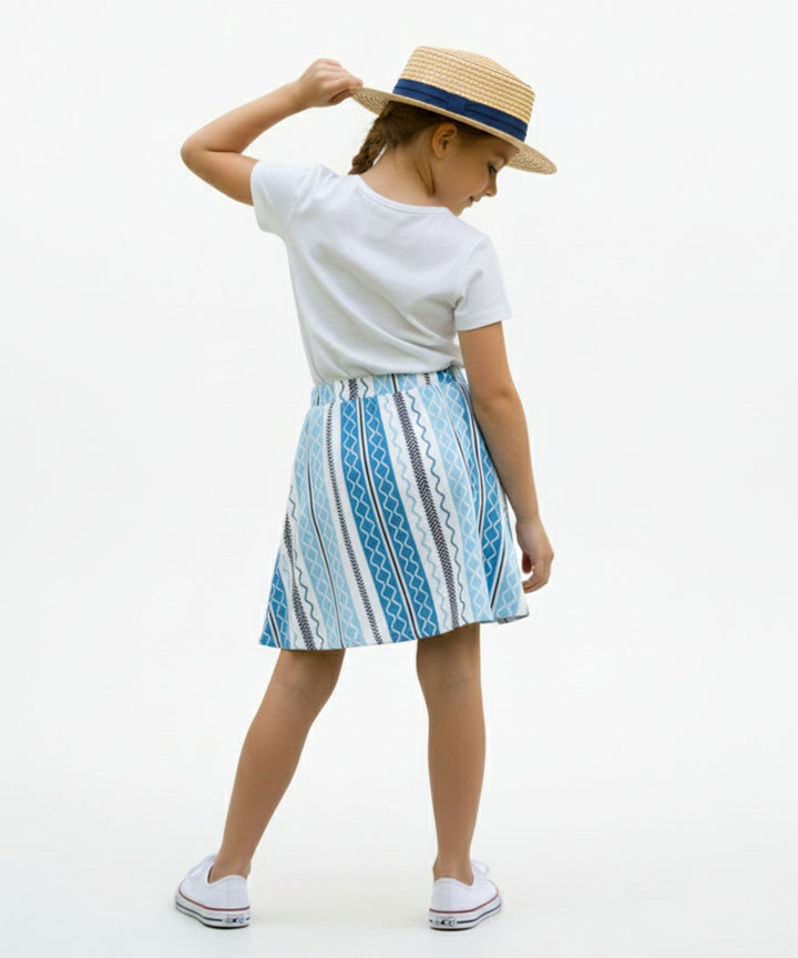 Girls Printed Skirt with Inner Shorts | Stretch Waist | Sky Blue