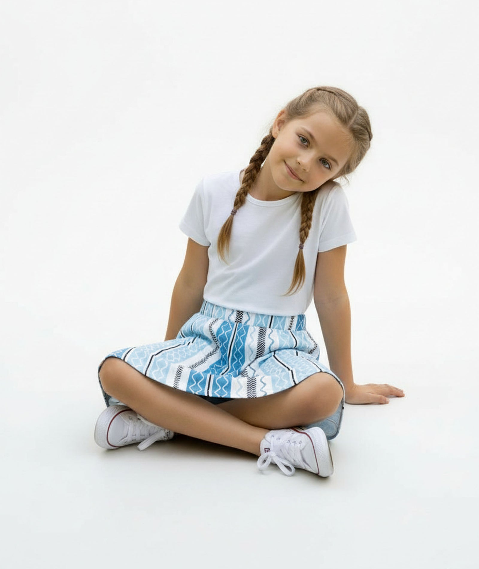 Girls Printed Skirt with Inner Shorts | Stretch Waist | Sky Blue