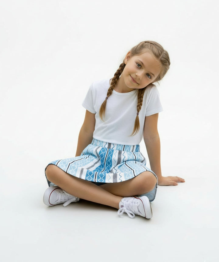 Girls Printed Skirt with Inner Shorts | Stretch Waist | Sky Blue