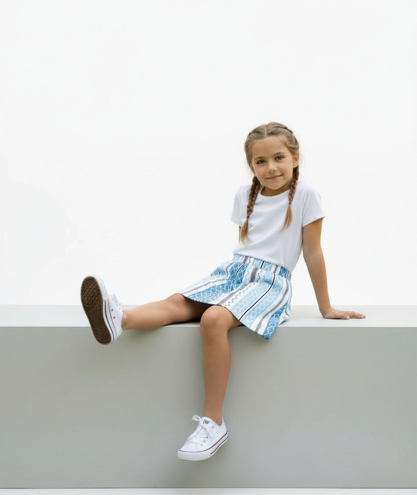 Girls Printed Skirt with Inner Shorts | Stretch Waist | Sky Blue