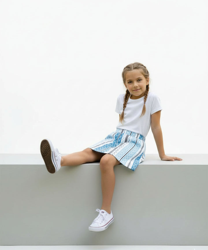 Girls Printed Skirt with Inner Shorts | Stretch Waist | Sky Blue