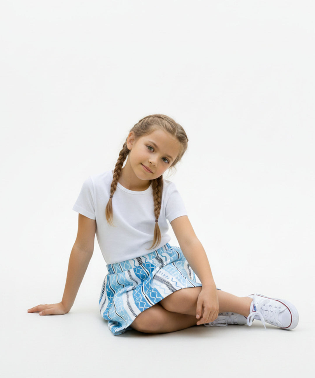 Girls Printed Skirt with Inner Shorts | Stretch Waist | Sky Blue