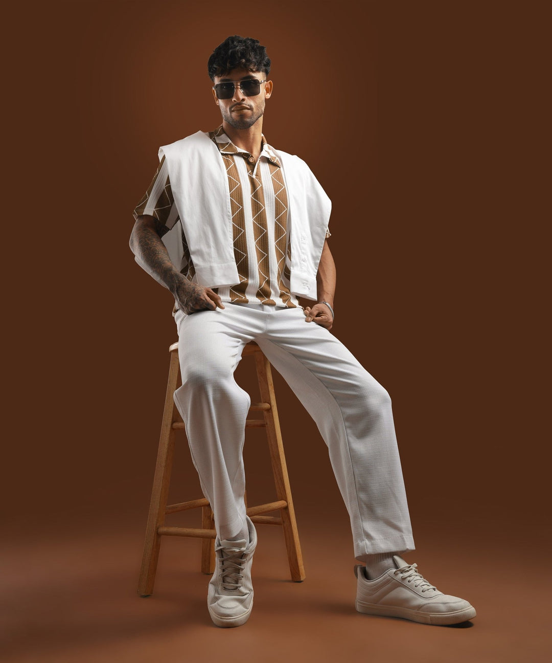 Mens Casual Striped Polo T-Shirt | Brown