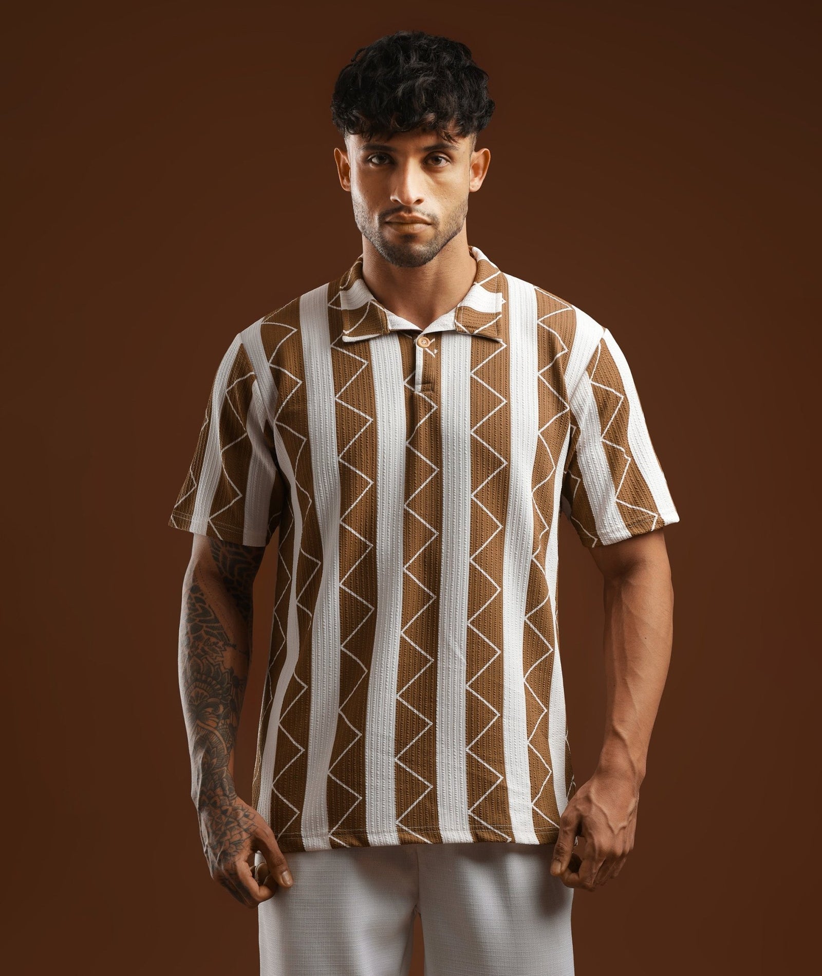 Mens Casual Striped Polo T-Shirt | Brown