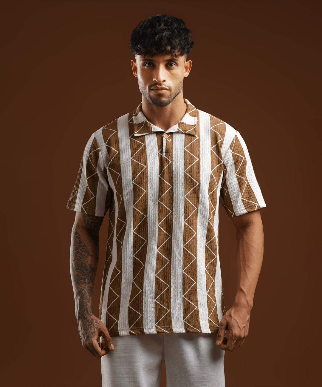 Mens Casual Striped Polo T-Shirt | Brown