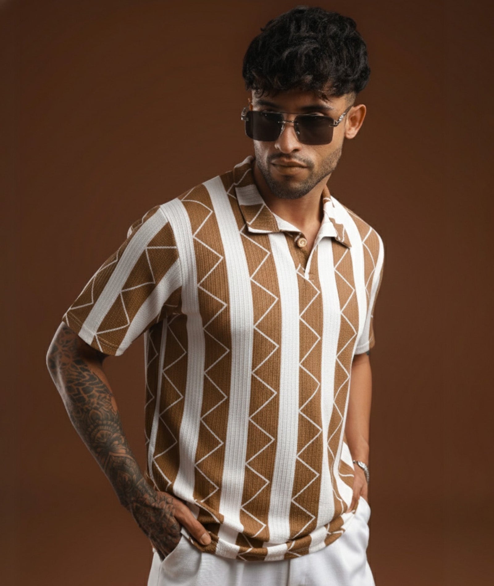 Mens Casual Striped Polo T-Shirt | Brown