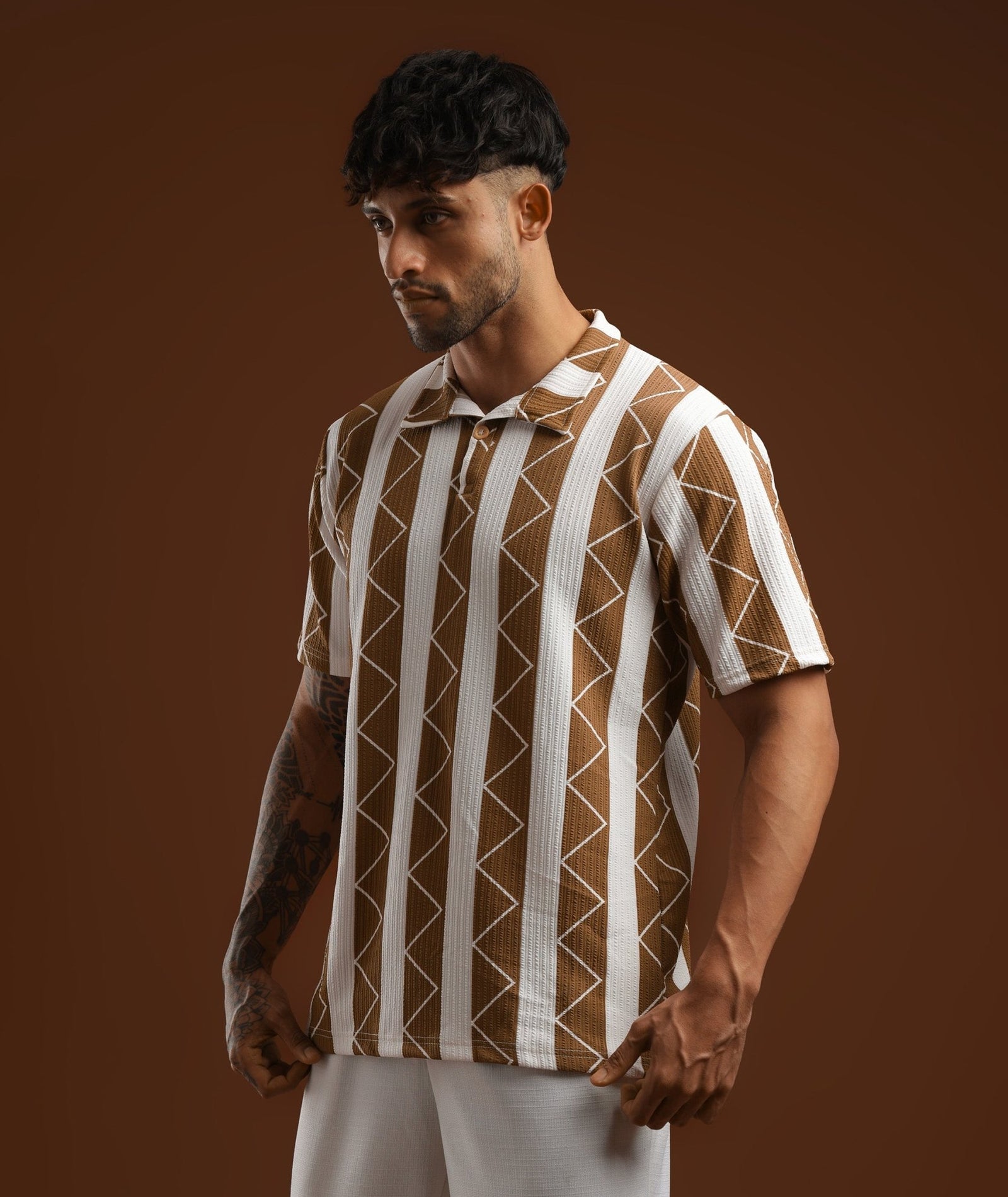 Mens Casual Striped Polo T-Shirt | Brown